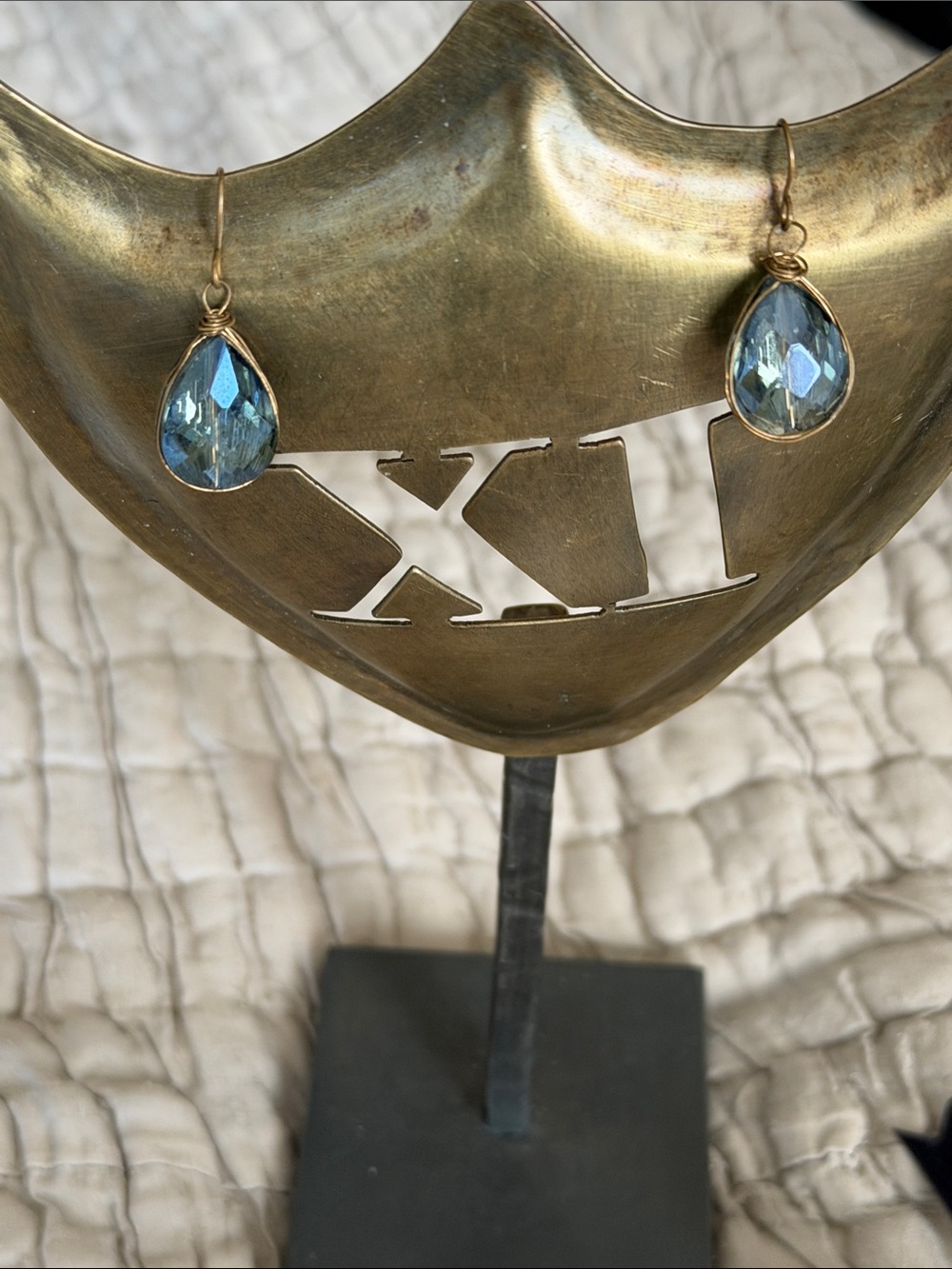 Gold Wire wrapped Teardrop Blue Crystal Earrings pierced